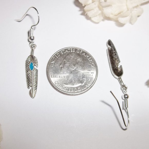 Silver & Turquoise Blue Feather Earrings Set 5374 - Picture 3 of 7